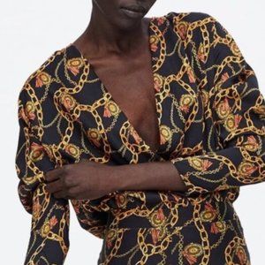 Zara Bodysuit Blouse Chain Black Top Long Sleeve Size Small